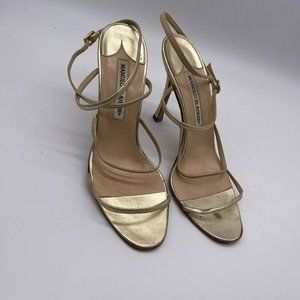 Manolo Blahnik 37.5 7.5 Gold Leather Strappy Sandals Heels